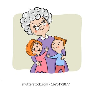 Grandmother hugs her grandchildren, boy and girl, vector illustration