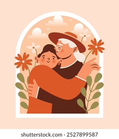 Grandmother hugs her granddaughter. Naive illustration with senior woman and girl, they stands and hugging among flowers, plants in garden. Cute clip art in window frame. Cartoon characters.