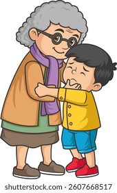 a grandmother hugs her grandson who is crying of illustration