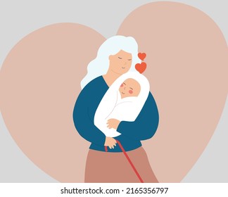 Grandmother hugs his newborn with love. Senior woman embraces a baby with care. Happy grandma holds her grandchild. Happy grandparents day, family bond and generations concept. Vector stock