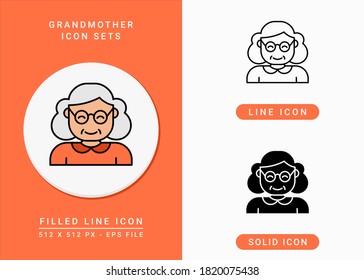 Grandmother icons set vector illustration with solid icon line style. Old people woman symbol. Editable stroke icon on isolated background for web design, user interface, and mobile app