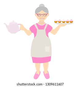 Grandmother isolated on white background, vector illustration of smiling old woman with teapot and cupcakes