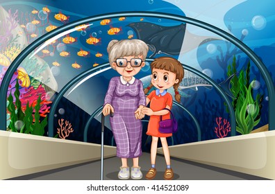 Grandmother and kid at aquarium illustration