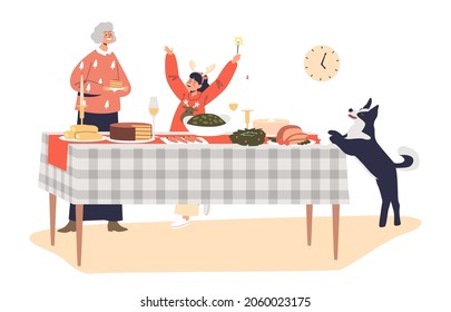 Grandmother and kid girl serving table for holiday dinner on christmas eve. Family preparing for xmas celebration. New year and winter holidays concept. Cartoon flat vector illustration