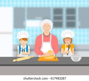 Grandmother and kids bake together at a kitchen. Granny kneads pastry, happy grandson and granddaughter help her. Family baking home cookies, pie or cake. Vector flat illustration. Leisure activity