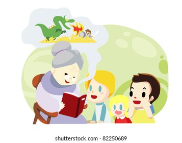 grandmother and kids family time - vector
