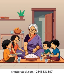 Abuela con la ilustración de los niños, abuela que comparte la comida con el nieto, cena de grupo, abuela india, Vector lindo del niño