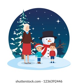 grandmother and kids with snowman in snowscape