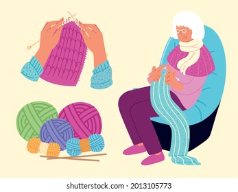 grandmother knits with balls of wool set