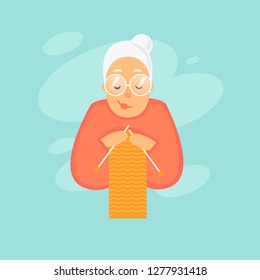 Grandmother knits. Flat design vector illustration