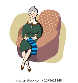Grandmother knits scarf sitting in a cozy armchair