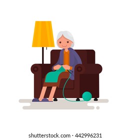 Grandmother knits sitting in a chair. Vector illustration of a flat design