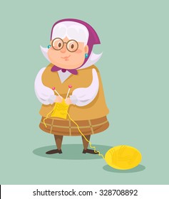 Grandmother Knits. Vector Flat Cartoon Illustration