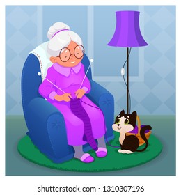 Grandmother is knitting cartoon vector illustration