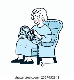 A grandmother knitting a cozy blanket in her armchair, vector illustration