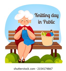 Grandmother knitting at park on bench. Knitting day on public. Concept of cozy activity, handmade, hobby. World wide knite in public day.