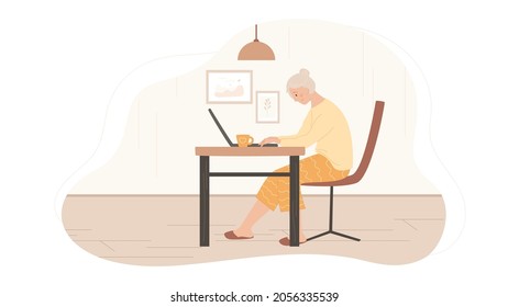 Grandmother with laptop. Elderly woman sitting at the table and watching in the computer. Female at cozy home. Happy character use gadget. Vector illustration.