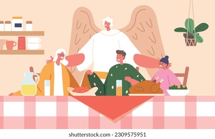 Grandmother, Little Boy and Girl Family Characters Gathered Around A Table With A Turkey, Praying While An Angel