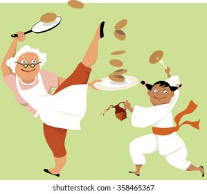 Grandmother and little girl in a kung fu stance eating pancakes, EPS 8 vector illustration