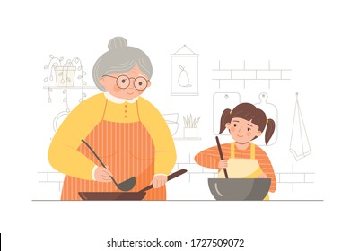 Grandmother and little granddaughter making food together. Cooking with kids. Vector illustration in a flat trendy style on a white background.