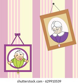 Grandmother and little grandson in the pictures hanging on the wall