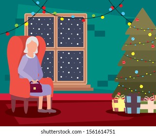 grandmother in livingroom with christmas decoration vector illustration design