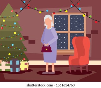 grandmother in livingroom with christmas decoration vector illustration design