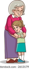 Grandmother lovingly smiles and hugs her laughing grandson. Generations and family relationship. Flat style vector illustration