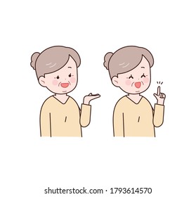 The grandmother makes a pointing gesture and an introduction gesture.