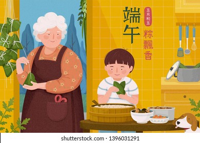 Grandmother making rice dumplings with her grandchild in the kitchen, Dragon Boat Festival and Fifth of May fragrance float in the air written in Chinese character