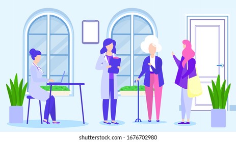 Grandmother in medical clinic in doctor office with granddaughter vector illustration. Grandmother stands near female doctor in hospital room interior. Healthcare and treatment for elderly woman.