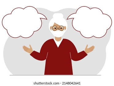 A grandmother with a medical mask is trying to make the right decision. Left and right are empty bubbles. Comparison of the two solutions. Vector flat illustration