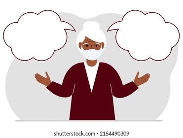 A grandmother with a medical mask is trying to make the right decision. Left and right are empty bubbles. Comparison of the two solutions. Vector flat illustration
