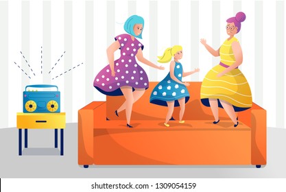 Grandmother, mother and daughter in beautiful dresses dance, jump and rejoice in the room on the couch to the music. The family is resting. Vector flat illustration in cartoon style.