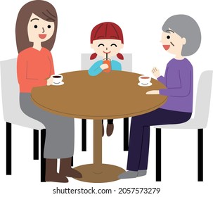 Grandmother, mother and daughter are drinking at the cafe