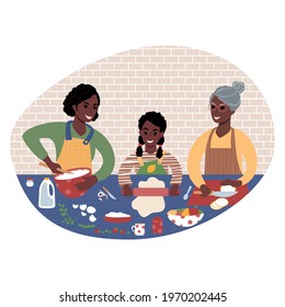 Grandmother, mother, daughter, granddaughter spending time together. Three generations of african women in the kitchen. Family bonding over cooking. Food preparation at home. Flat style vector