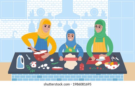 Abuela, madre, hija, nieta pasando tiempo juntos. Tres generaciones de mujeres usando hijab en la cocina. La vinculación familiar con la cocina. Preparación de alimentos en casa. vector de estilo plano