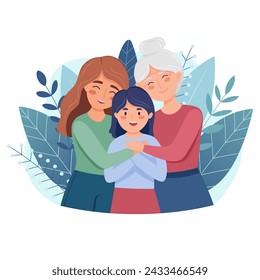 Grandmother, mother and daughter hugging and smiling. Concept of Women Day 8 March, Mothers Day. Hand drawn vector illustration isolated on white background