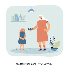 Grandmother mother giving candy to daughter. Female cartoon character rewarding child with sweets flat vector illustration. Family concept for banner, website design or landing web page