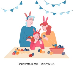 Grandmother, Mother and Little Girl Wearing Rabbit Ears Painting Eggs for Spring Holiday. Happy Family Prepare for Easter Celebration Spend Time Together. Cartoon Flat Vector Illustration, Line Art