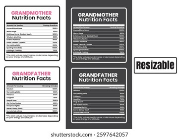 Grandmother Nutrition Facts, Grandmother's Secret Recipe Nutrition Facts Chart, Grandma's Love, Nutrition Facts Parody Chart, Humorous Nutrition Facts Design, Editable eps vector