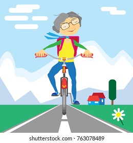 grandmother on a bicycle with a backpack