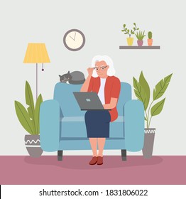 Grandmother on comfortable couch and using laptop at living room. Vector flat style illustration