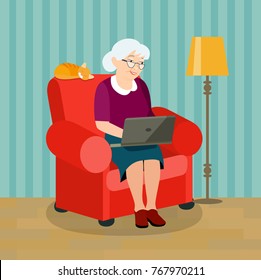Grandmother on comfortable couch and using laptop at living room. Vector flat style illustration
