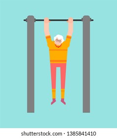 Grandmother On Horizontal Bar. Pull Up Grandma Street Workout. Old Woman Sport. Fitness For Seniors