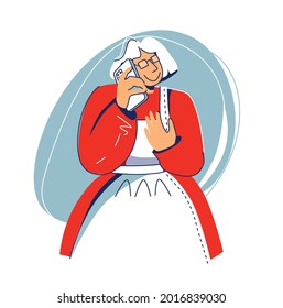 Grandmother on phone Concept old people with tech, elder on cell phone. An elderly woman with short gray hair is talking on the phone. Vector illustration in cartoon style isolated on white background