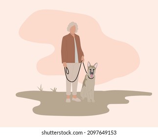 Grandmother on a walk with the dog. Owner and pet. Flat vector illustration