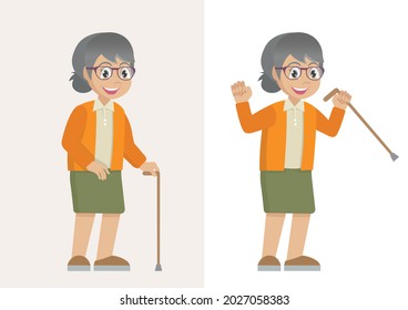 Grandmother on walk. Senior woman with walking stick. 