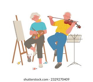 La abuela está pintando sobre un caballete. Su abuelo está tocando el violín. Ilustraciones dibujadas a mano en proporciones realistas.