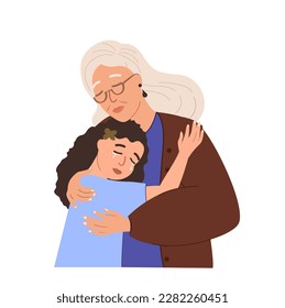 Abuela Padres que apoyan a su nieto, cuidado de la niña. Niña que reconforta a un niño triste que llora. Padres que apoyan a un adolescente en dificultades. Abrazos cálidos. Ilustración vectorial plana aislada, fondo blanco